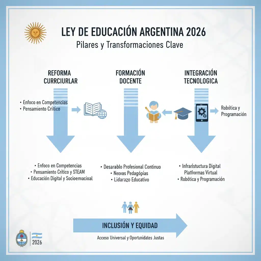 Infografía detallada sobre los pilares y cambios clave de la nueva Ley Educativa Argentina 2026.