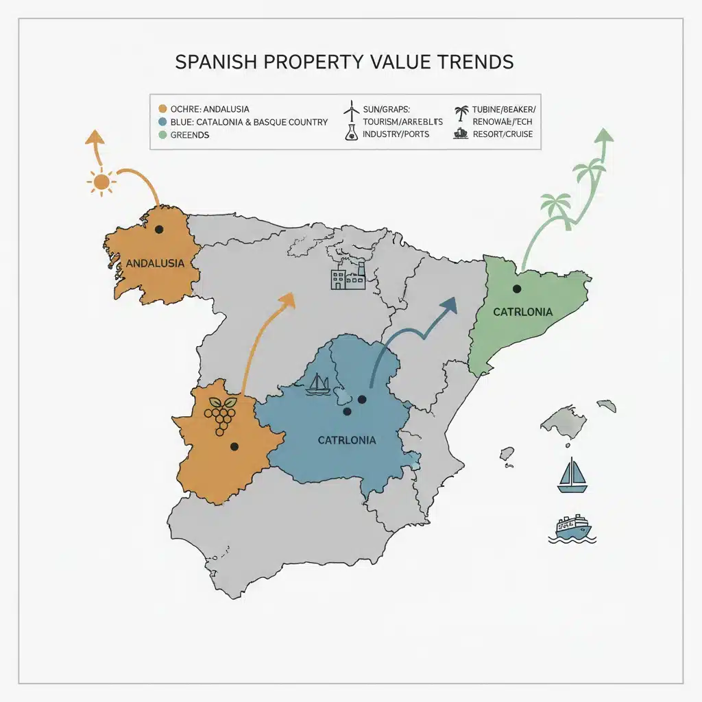 Mapa de España destacando regiones con alta revalorización inmobiliaria y factores económicos clave.