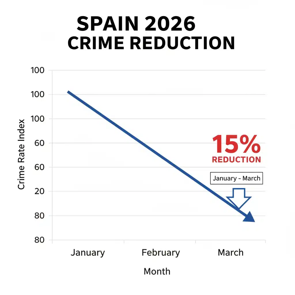 Gráfico que muestra una reducción del 15% en las tasas de delincuencia en España durante un período de tres meses en 2026.